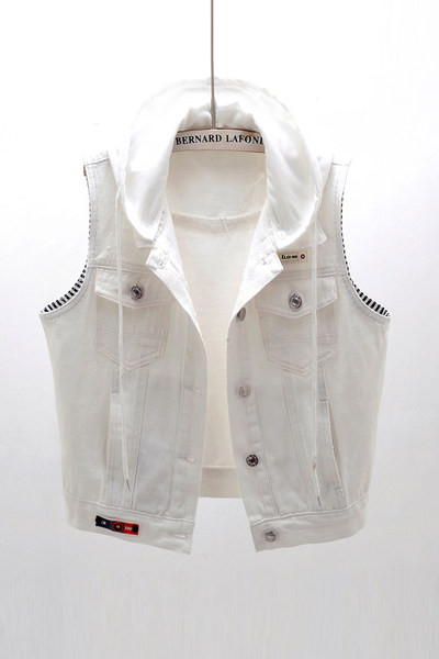 Γυναικείο γιλέκο τζιν νέου μοντέλου σε λευκό χρώμα με κουκούλα