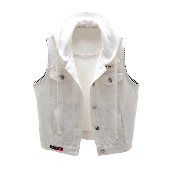 Γυναικείο γιλέκο τζιν νέου μοντέλου σε λευκό χρώμα με κουκούλα