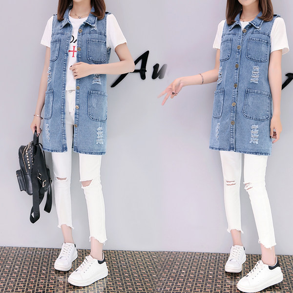 Γυναικείο μακρύ γιλέκο με σκισμένα μοτίβα και τσέπες