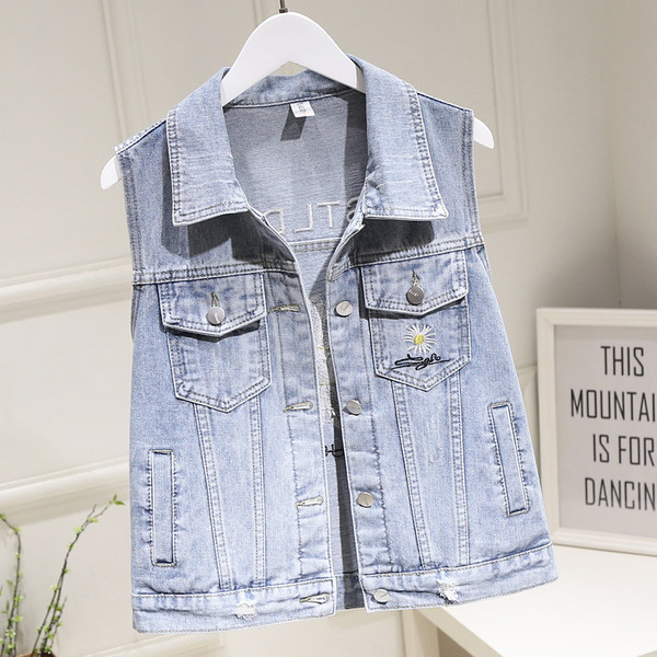 Ženski traper prsluk s džepovima i vezom