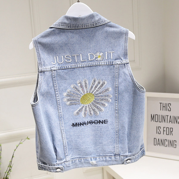 Ženski traper prsluk s džepovima i vezom