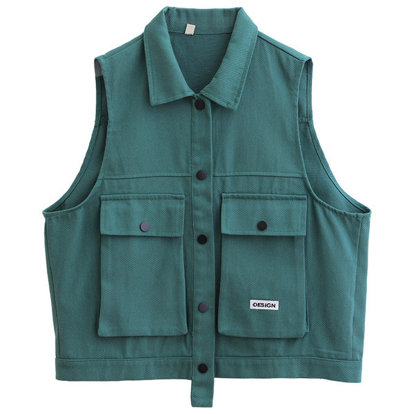 Γυναικείο γιλέκο casual με τσέπες και κουμπιά σε πράσινο και μαύρο χρώμα