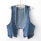 Κοντό γυναικείο τζιν γιλέκο με πέρλες