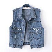 Γυναικείο γιλέκο με τζιν άνοιξη και διακόσμηση από πέρλες