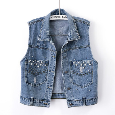 Γυναικείο γιλέκο με τζιν άνοιξη και διακόσμηση από πέρλες