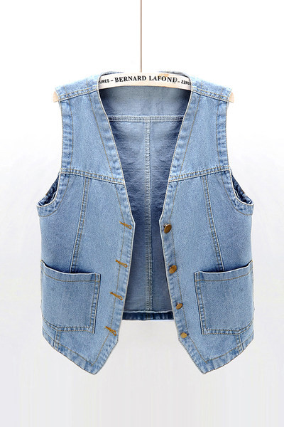 Γυναικείο γιλέκο τζιν με τσέπες και μεταλλικά πούλια