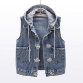 Γυναικείο γιλέκο τζιν με κουκούλα και κορδόνια