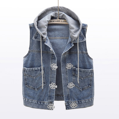 Γυναικείο γιλέκο τζιν με κουκούλα και κορδόνια