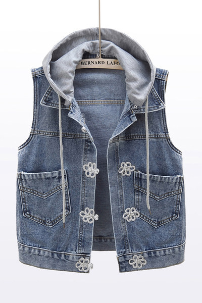 Γυναικείο γιλέκο τζιν με κουκούλα και κορδόνια