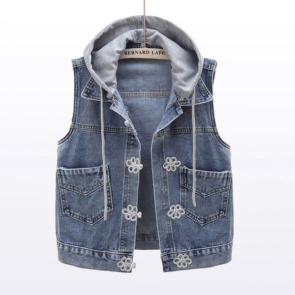 Γυναικείο γιλέκο τζιν με κουκούλα και κορδόνια