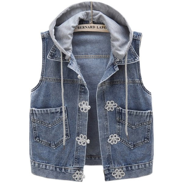 Γυναικείο γιλέκο τζιν με κουκούλα και κορδόνια