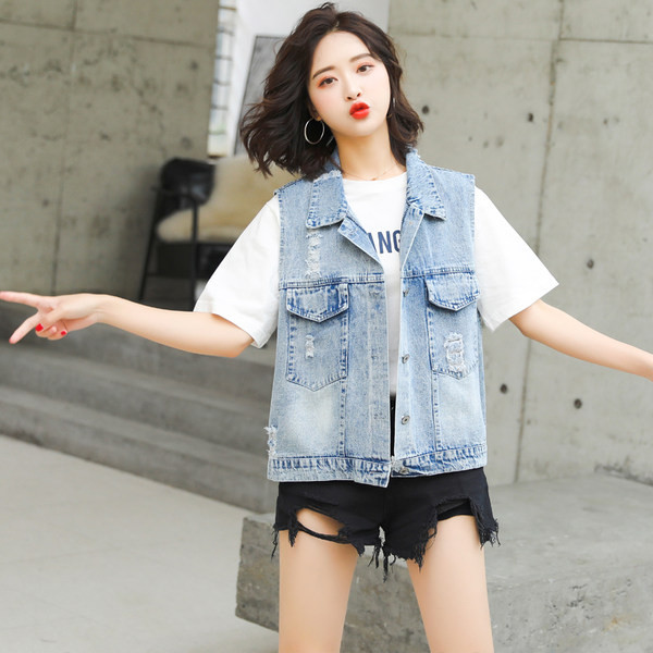 Ženski traper prsluk s vezom i džepovima