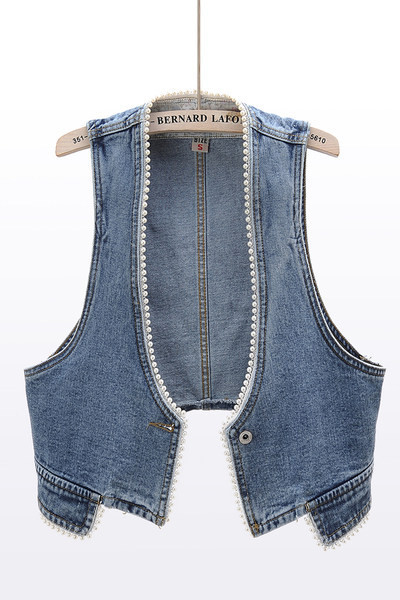 Γυναικείο γιλέκο casual με πέρλες  σε μπλε χρώμα