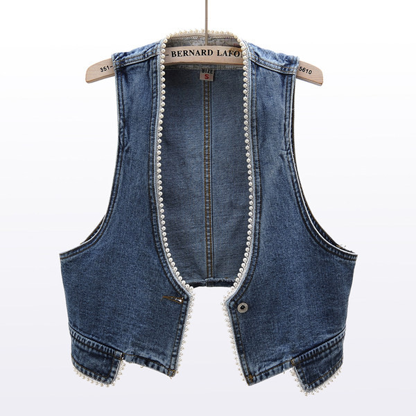 Γυναικείο γιλέκο casual με πέρλες  σε μπλε χρώμα