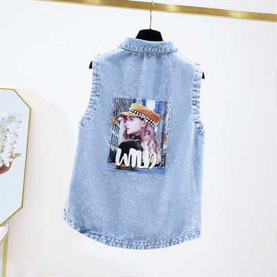 Γυναικείο γιλέκο τζιν με πολύχρωμες εφαρμογές και κέντημα