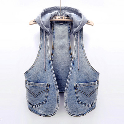 Γυναικείο γιλέκο τζιν με κουκούλα σε μπλε χρώμα