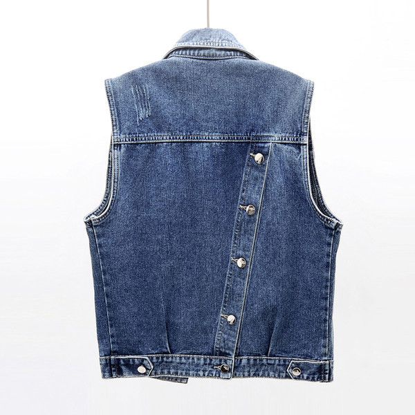 Γυναικείο γιλέκο τζιν με τσέπες και σκισμένα μοτίβα