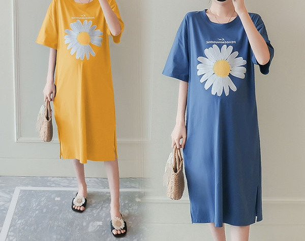 Casual μακρύ φόρεμα με απλικέ και οβάλ λαιμόκοψη για εγκύους