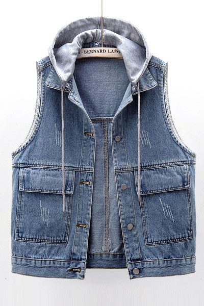 Γυναικείο γιλέκο τζιν με κορδόνια και κουκούλα σε μπλε χρώμα