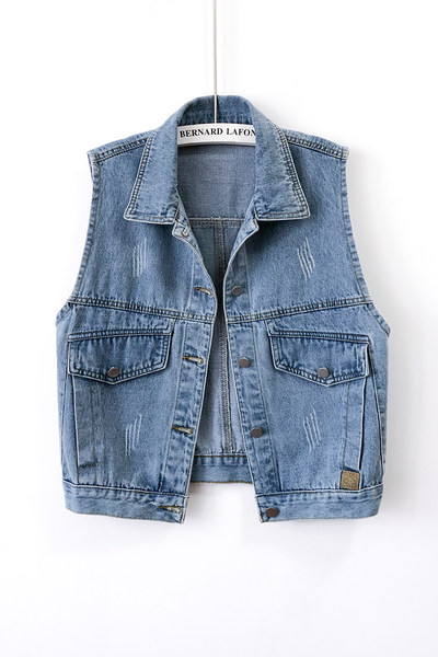 Γυναικείο γιλέκο τζιν με κλασικό κολάρο σε μπλε χρώμα