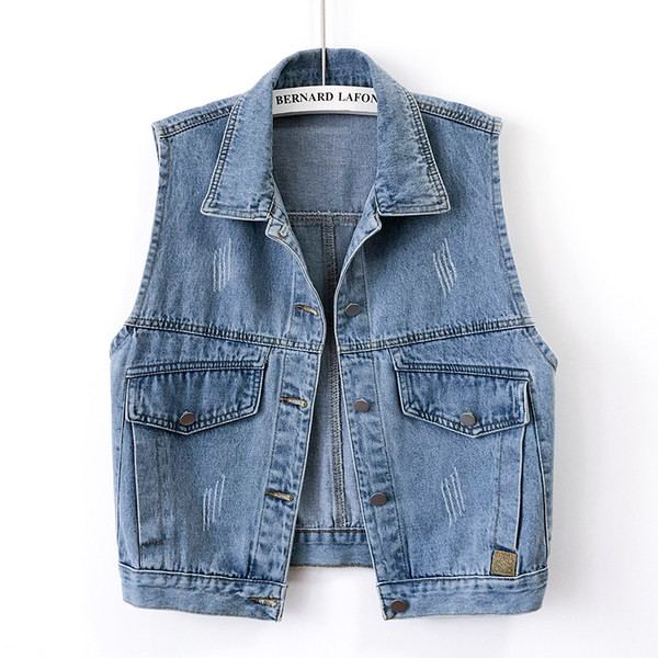 Γυναικείο γιλέκο τζιν με κλασικό κολάρο σε μπλε χρώμα