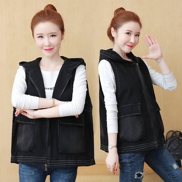 Γιλέκο τζιν φαρδύ μοντέλο με φερμουάρ και μεγάλες τσέπες