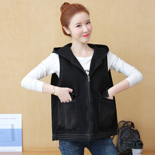 Γιλέκο τζιν φαρδύ μοντέλο με φερμουάρ και μεγάλες τσέπες