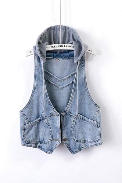 Γυναικείο γιλέκο τζιν με κουκούλα και τσέπες