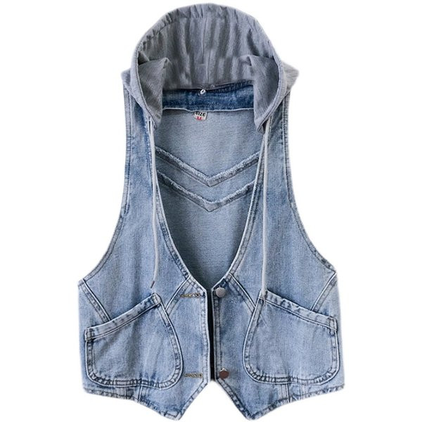 Γυναικείο γιλέκο τζιν με κουκούλα και τσέπες
