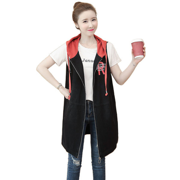 Ženski dugi prsluk sa natpisima i kapuljačom