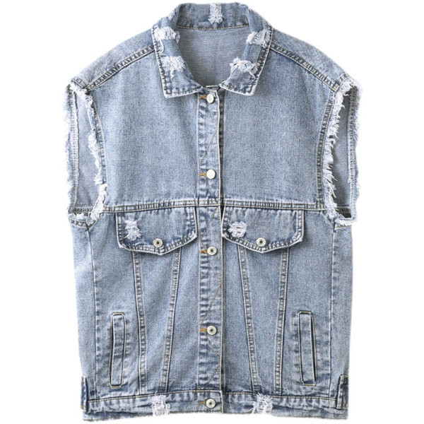 Ženski traper prsluk sa poderanim apliciranim motivima i šljokicama