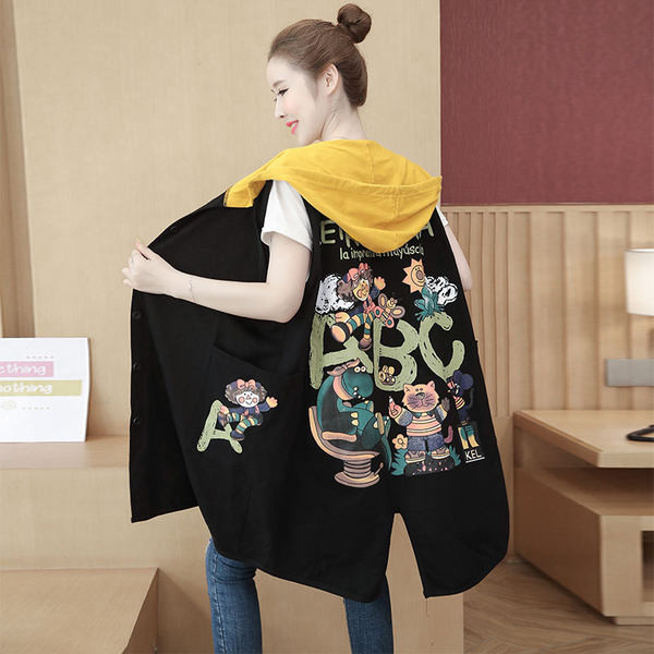 Ženski dugi prsluk s kapuljačom i vezom