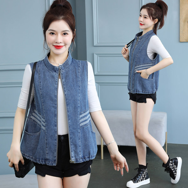 Γυναικείο γιλέκο τζιν με φερμουάρ και τσέπες