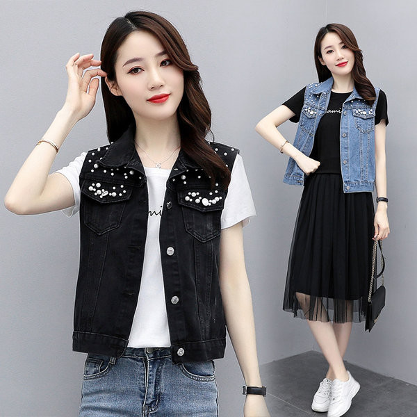 Γυναικείο γιλέκο μοντέρνο με πέρλες και τσέπες