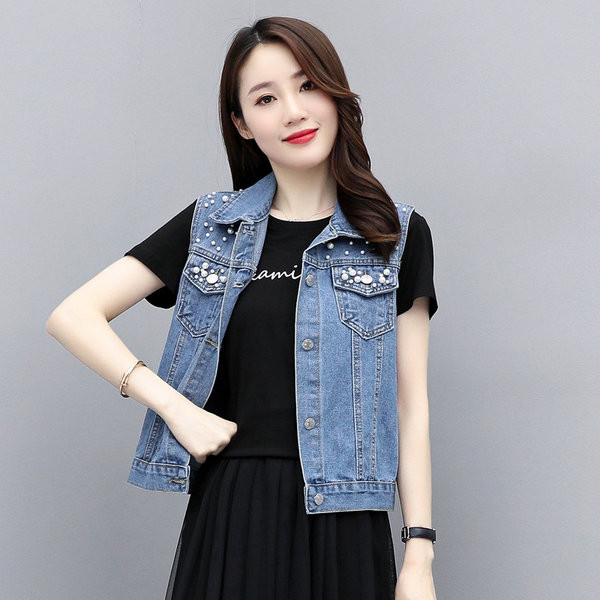 Γυναικείο γιλέκο μοντέρνο με πέρλες και τσέπες