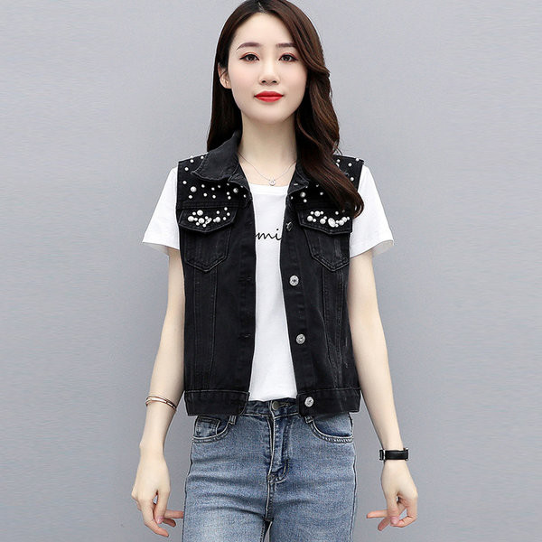 Γυναικείο γιλέκο μοντέρνο με πέρλες και τσέπες