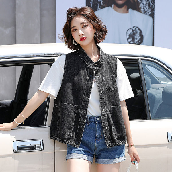 Κοντό φαρδύ τζιν γιλέκο με μεγάλες τσέπες