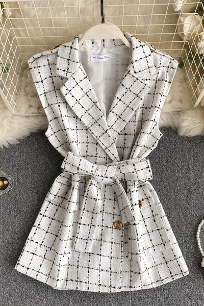 Γυναικείο καρό γιλέκο με ζώνη στη μέση