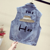 Γυναικείο γιλέκο τζιν με επιγραφές και κουμπιά