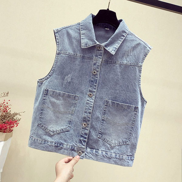 Γυναικείο γιλέκο τζιν με επιγραφές και κουμπιά