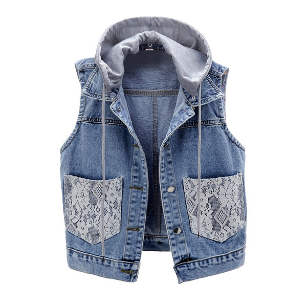 Γυναικείο γιλέκο τζιν με κουκούλα και τσέπες από δαντέλα