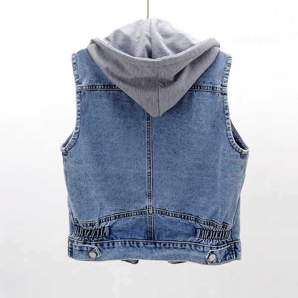 Γυναικείο γιλέκο τζιν με κουκούλα και τσέπες από δαντέλα