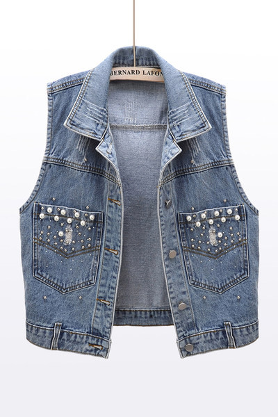 Ženski traper prsluk s ušicama i perlicama