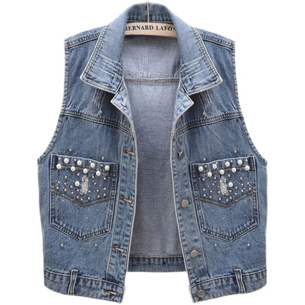 Ženski traper prsluk s ušicama i perlicama