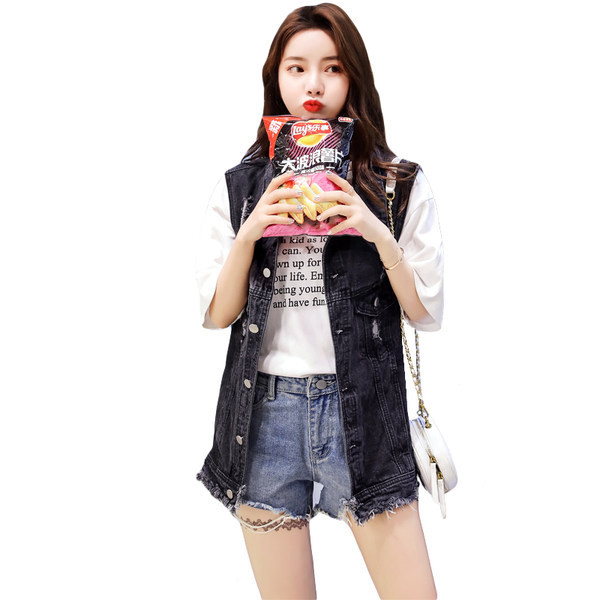 Ženski traper prsluk s poderanim džepovima i gumbima