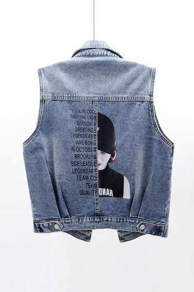 Ženski traper prsluk sa aplikacijom na leđima - plava boja