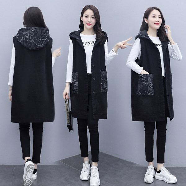 Ženski dugi prsluk s kapuljačom i gumbima