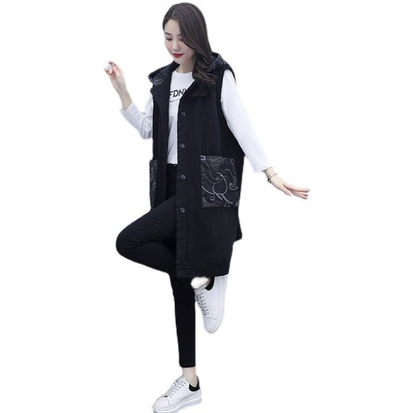 Ženski dugi prsluk s kapuljačom i gumbima