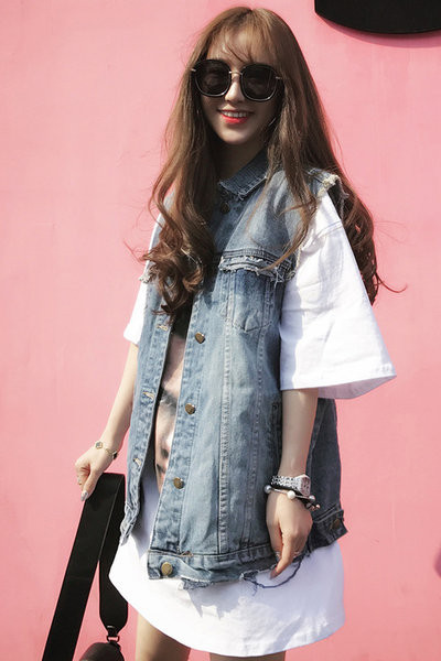 Γιλέκο μακρύ τζιν με κουμπιά και τσέπες για γυναίκες