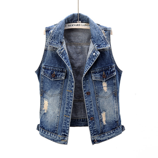 Γυναικείο γιλέκο τζιν με σκισμένο στοιχείο σε μπλε χρώμα